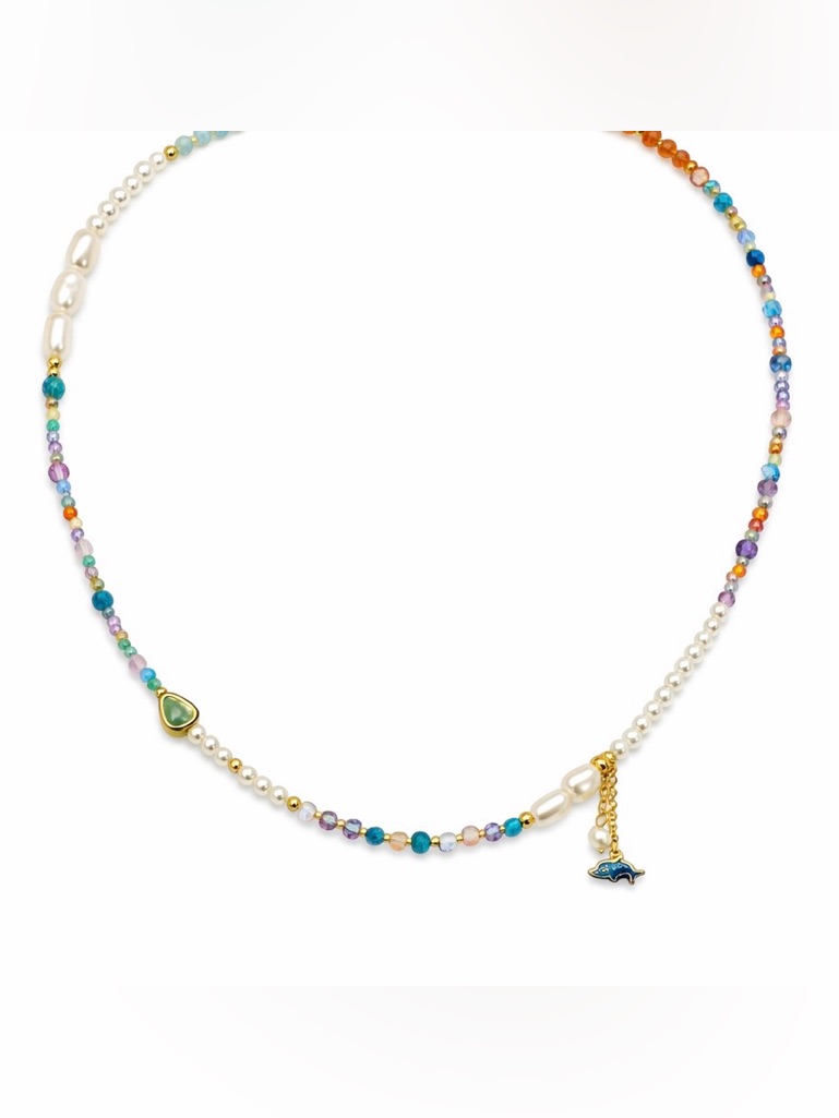 Freshwater Pearl & Mixed Gemstone Dolphin Charm Beaded Necklace #64
